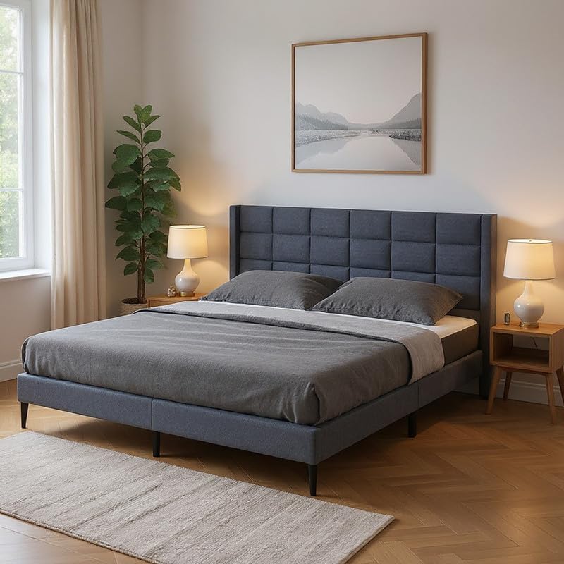 Image of Amazon Brand - Solimo Wood and Fabric Woke Upholstered King Size Bed Without Storage | Wooden Frame, Linen Fabric Headboard, Modern Design, Strong, Durable Furniture for Bedroom, Livingroom (Grey)