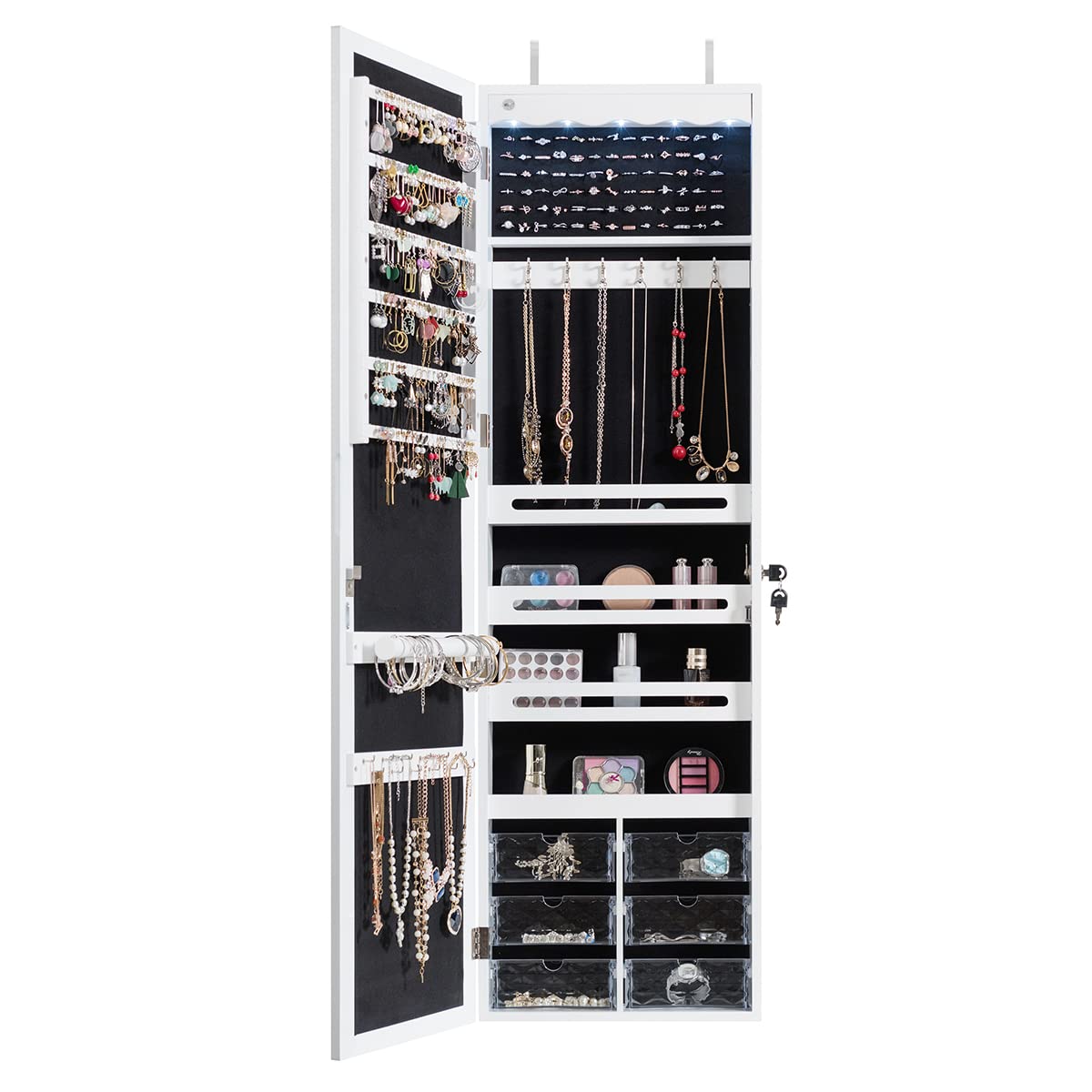 RELAX4LIFE Schmuckschrank, Schmuckregal mit 6 Acrylschubladen & 3 Lagerregalen & LED-Beleuchtung & Spiegel, Schmuckorganizer für Ohrringe Armband Kette Ringe Kosmetik, Tür- & Wandmontage (Weiß)