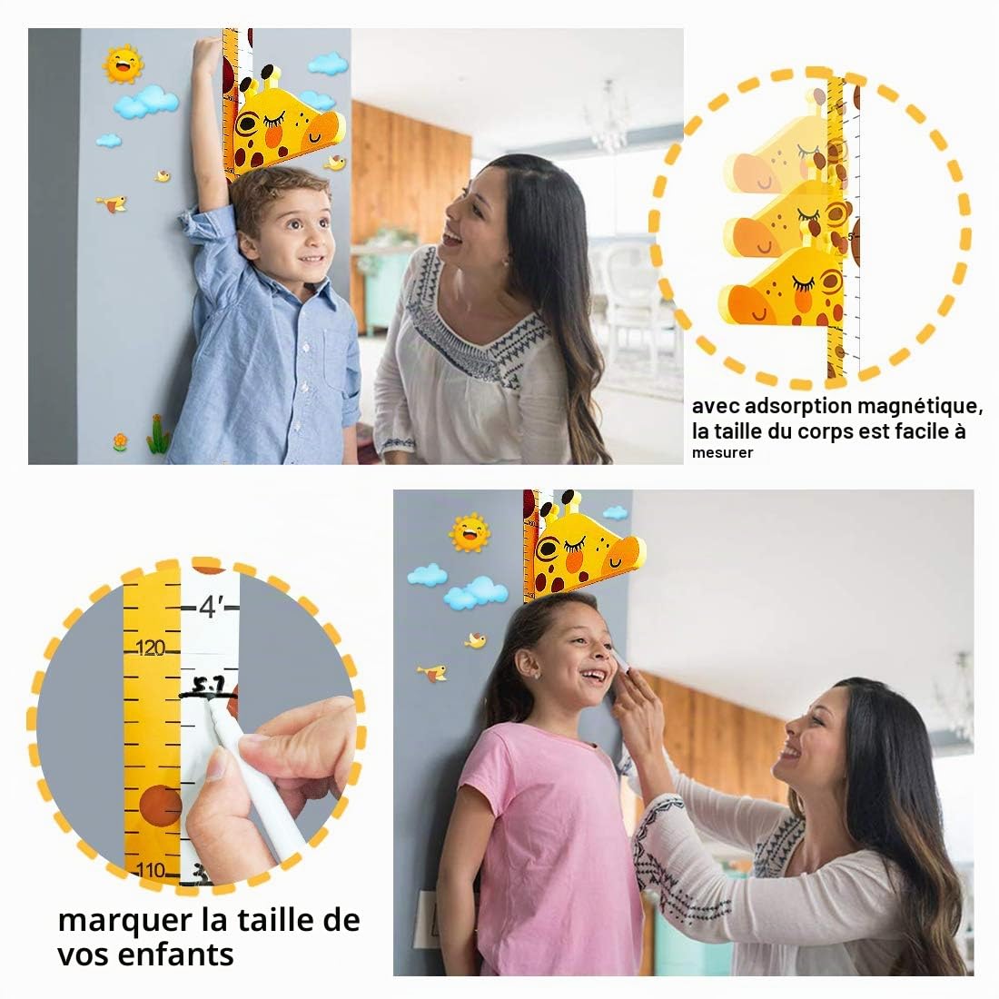 Tableau de Croissance Règle de Hauteur Girafe Règle Graduée pour Toise 3D Support Ecriture Taille Appuie-Tête Amovible EVA Portable Stickers Autocollants Muraux Chambre d'Enfants