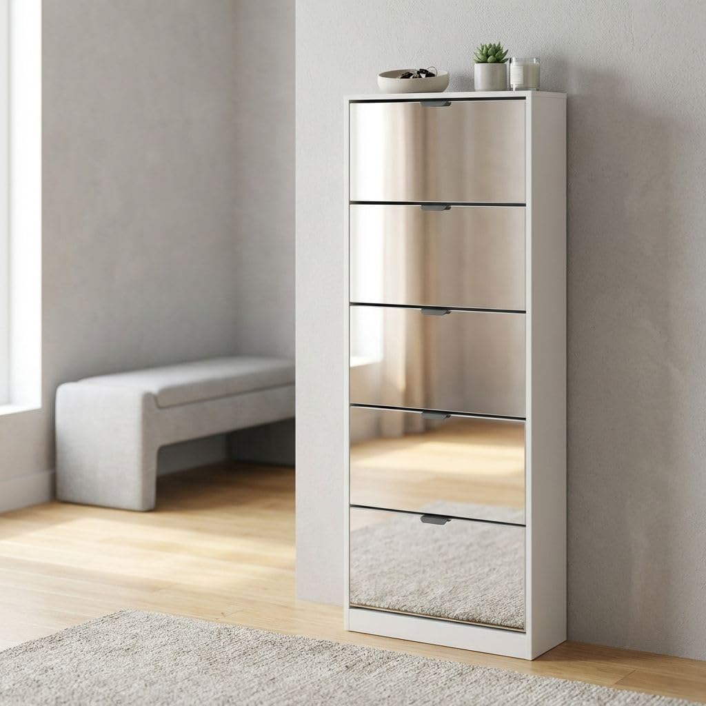 milani home - scarpiera salvaspazio 5 ante con specchio, bianco, 24 x 60 x 180 cm, truciolare bilaminato e vetro