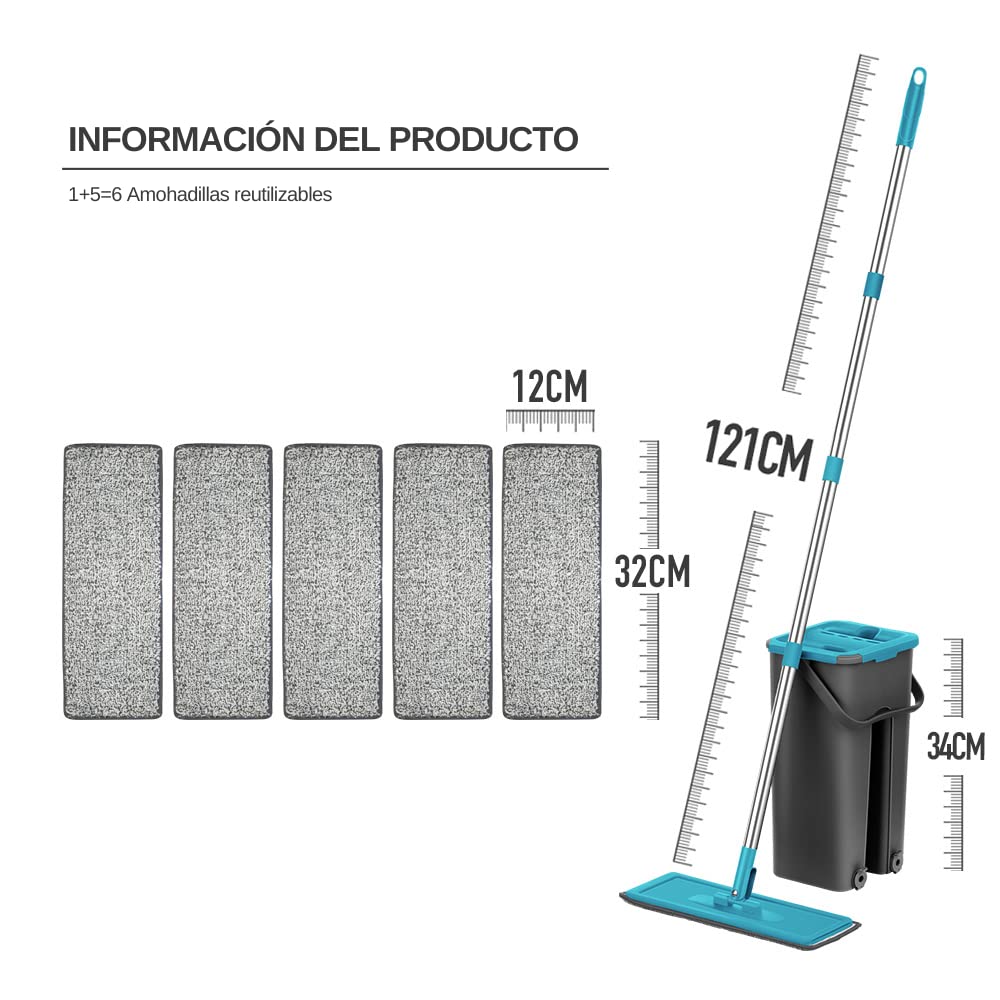 Mopa para Limpiar Azulejos Paredes Suelos Fregona Mopa con Cubo Escurridor Fregona Plana Cubo con 6 Almohadillas Autoescurrible Madera Parquet Ventanas Mop Bucket Gamuza Trapeadora