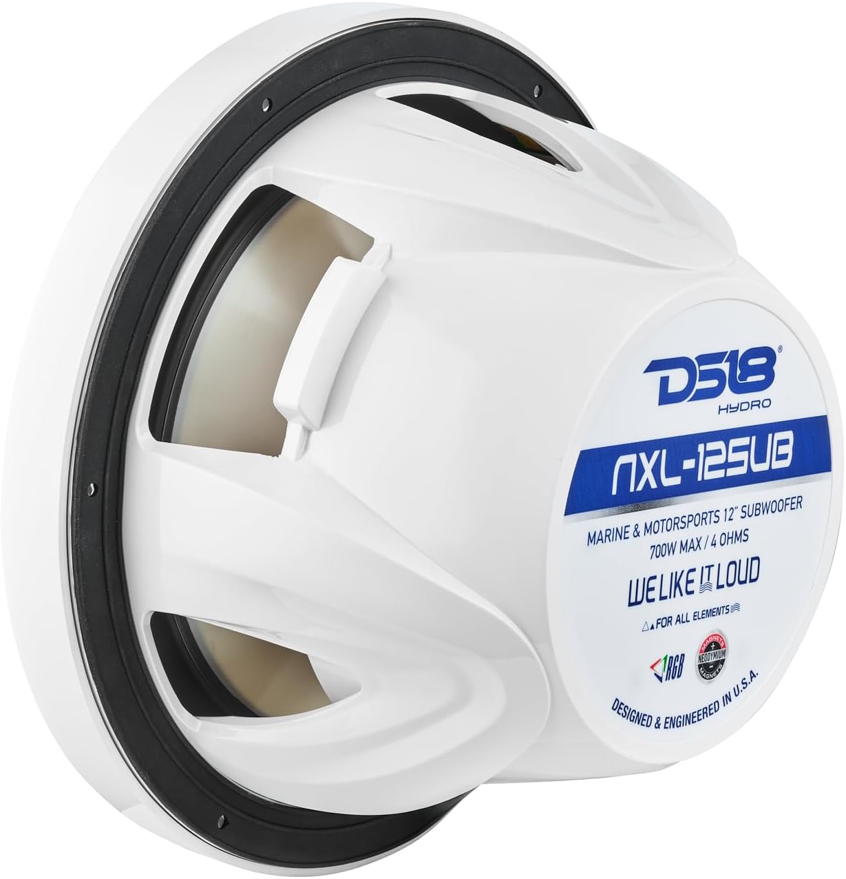 DS18 NXL-12SUB/WH Hydro 12" Marine Audio Subwoofer 700 Watts Max 350 Watts RMS 4 Ohms with Integrated RGB Lights and Cover - Weatherproof Bass - IP65 Marine Grade - 1 Speaker