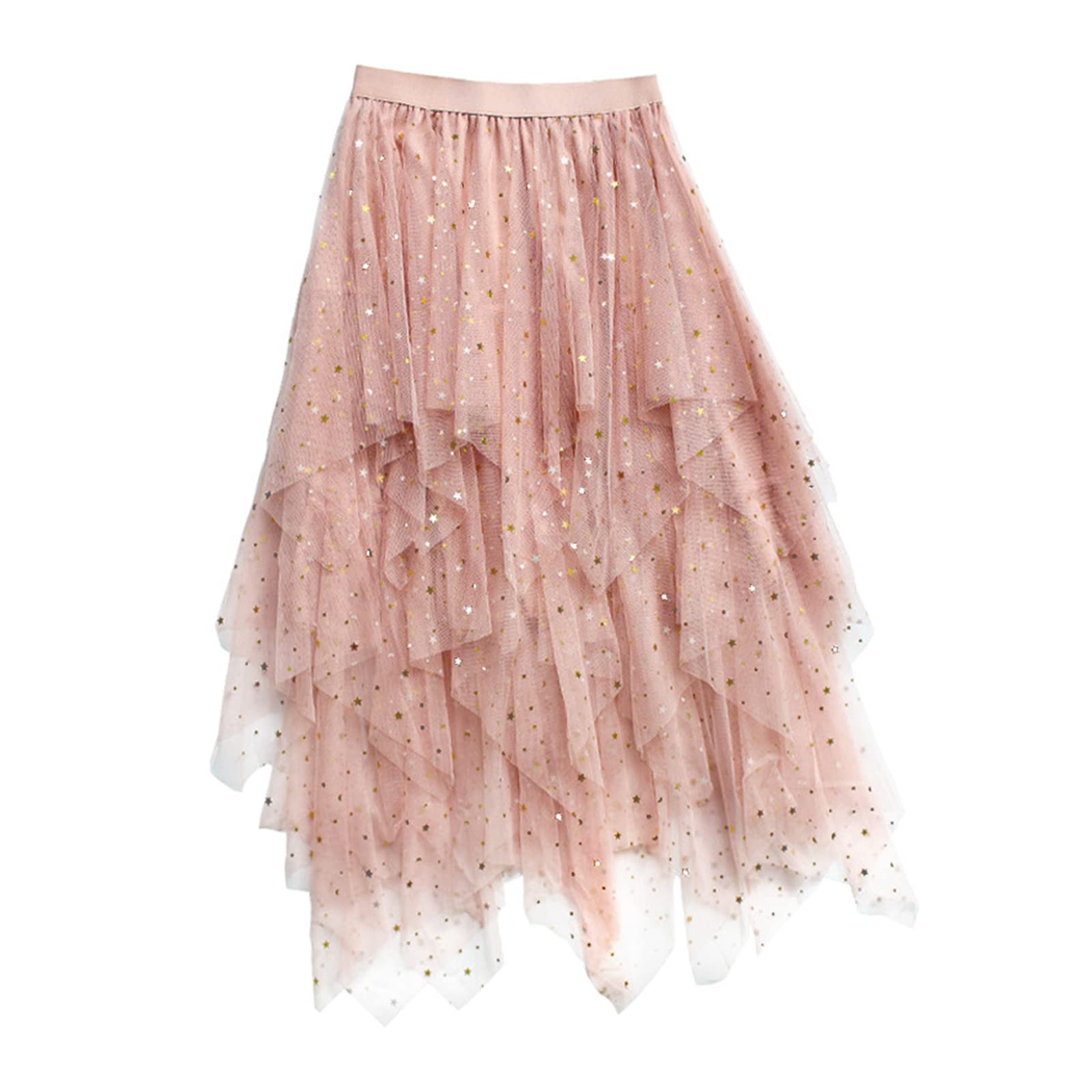 Jupes asymétriques en tulle pour femme - Taille haute élastique - Jupe tutu plissée - Jupe midi décontractée en maille, Rose pailleté, taille unique