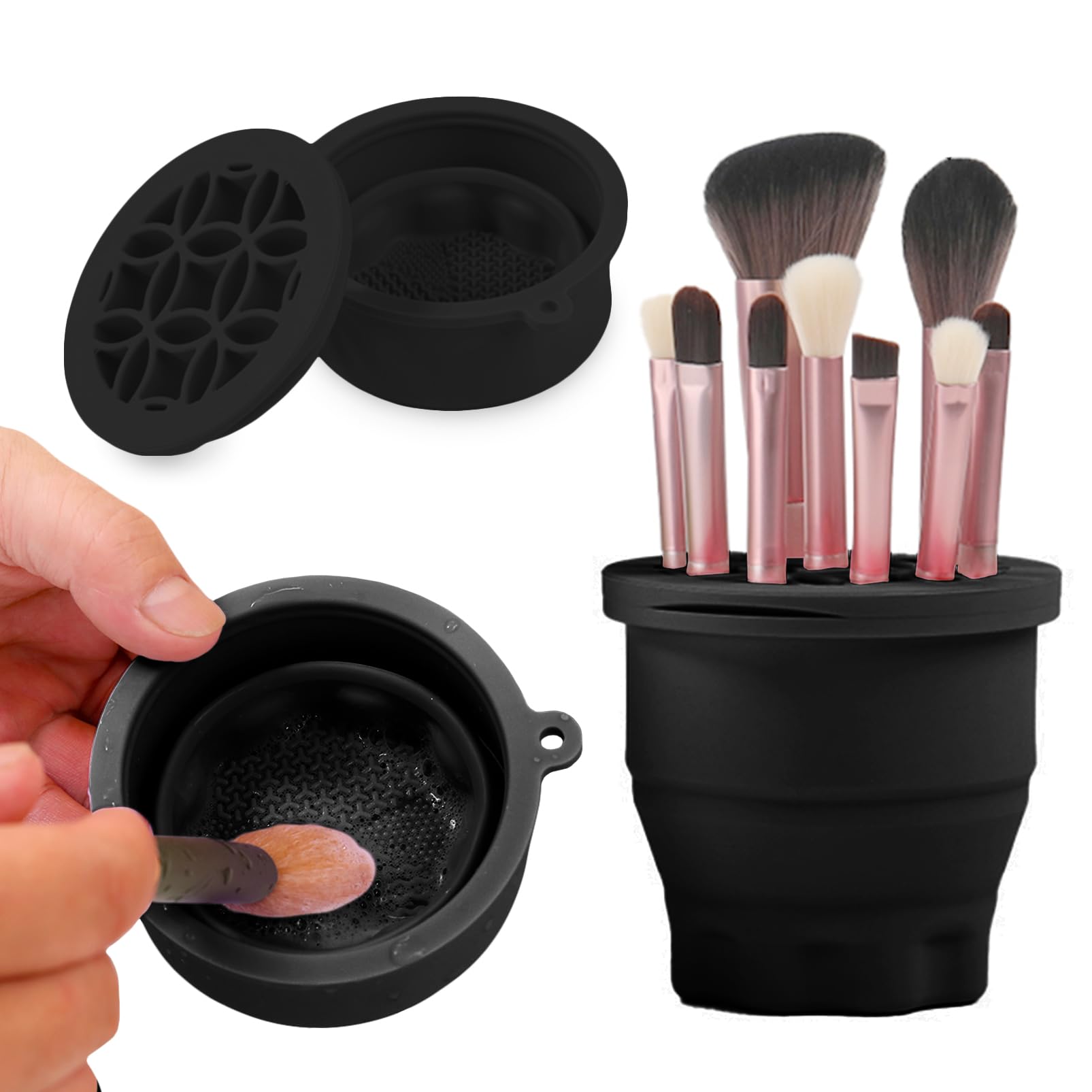 Makeup Brushes Cleaner Mat with Brush Storage Holder, Folding Portable Washing Tool for Makeup Brush Cleaning, 2 In 1 Silicone Brush Cleaner Pad &