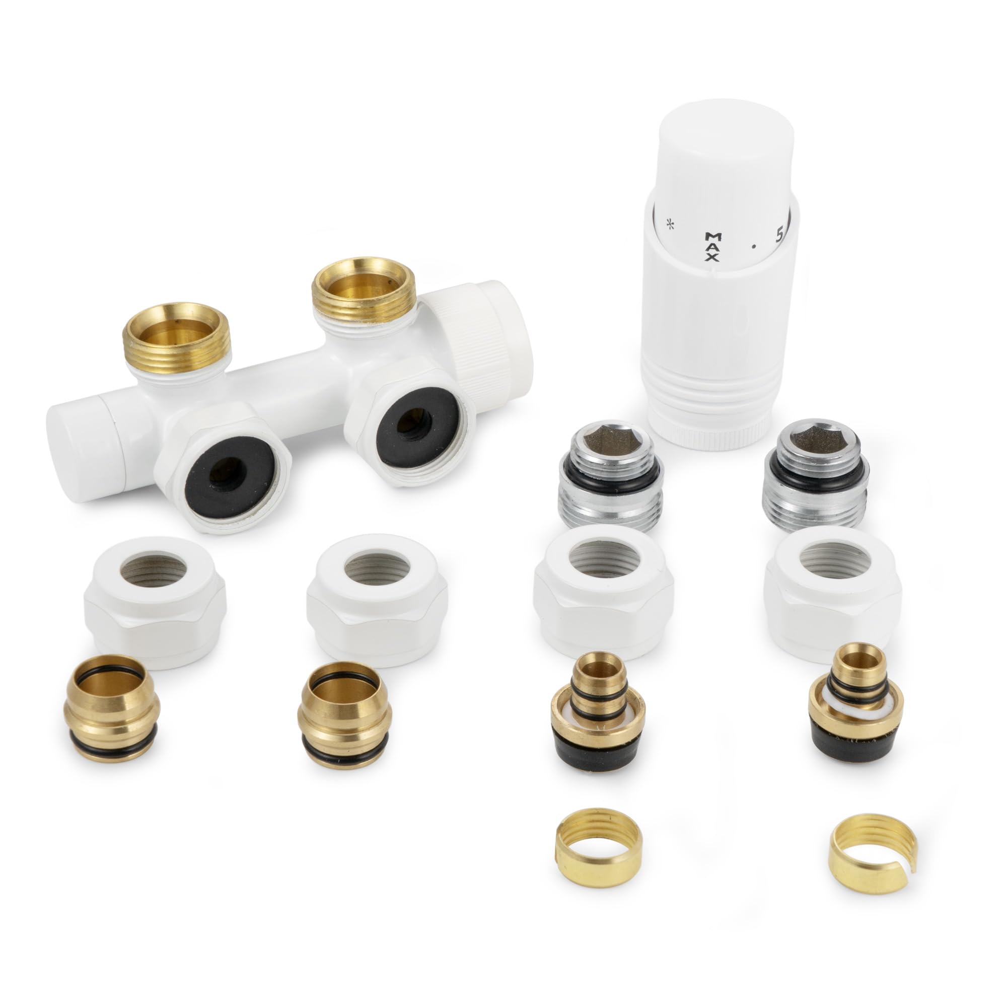 VANCOCO Multiblock con termostato per radiatori 50 mm, distanza mozzo, blocco rubinetto, set di rubinetti valvola a forma di passaggio con cono europeo per tubi in plastica Ø 16 × 2 mm e diametro 15