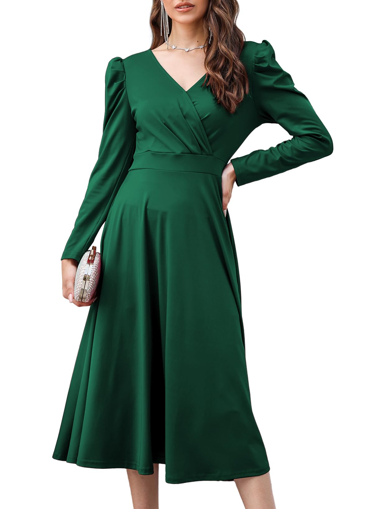 YIJIU Women's Fall Dress Sexy Wrap V Neck Long Puff Sleeve Swing A Line Cocktail Party Midi Dresses