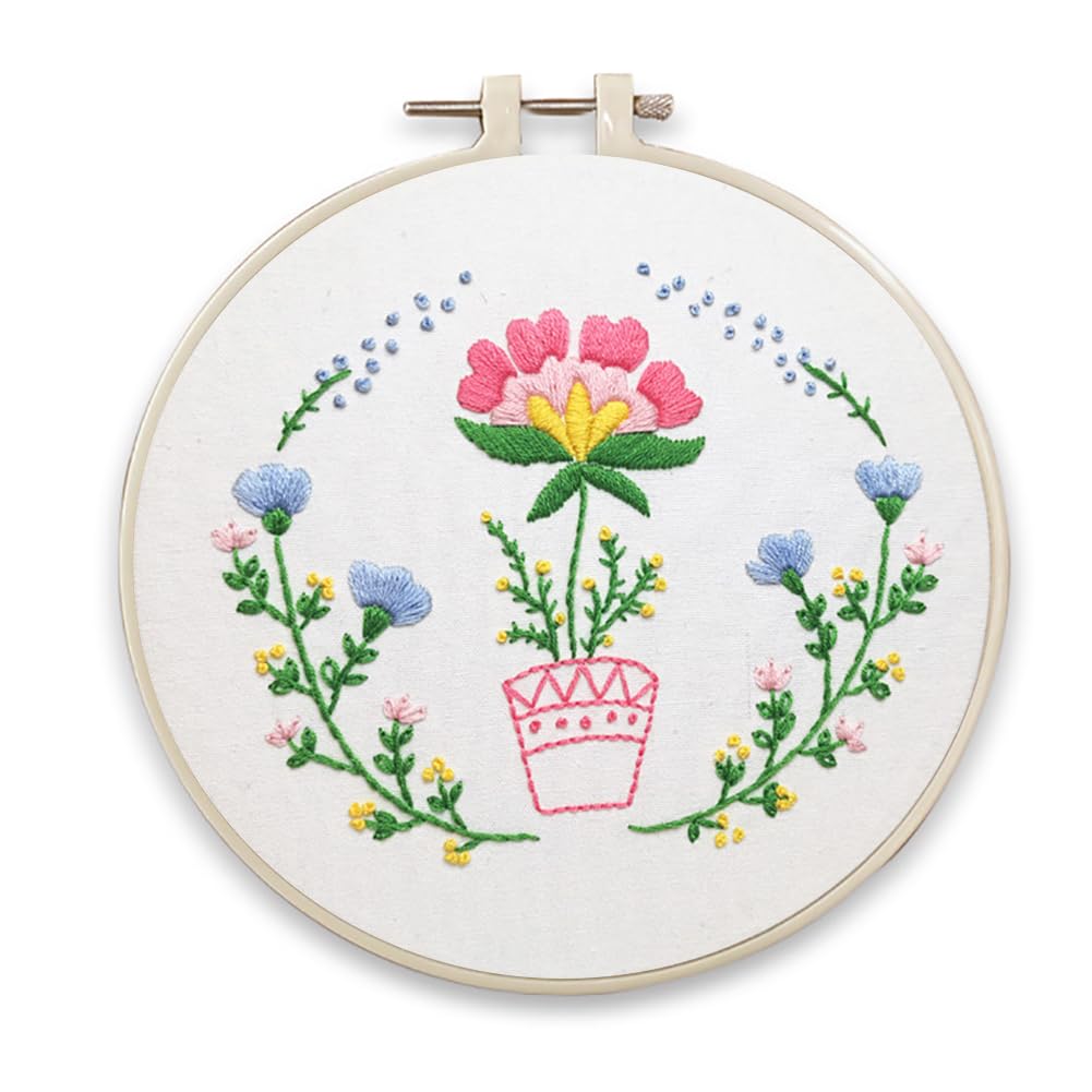 YEESAM ART Embroidery Starter Kit with Pot of Flower Patterns, Full Set DIY Embroidery Cross Stitch Kits for Adults Beginners Needlework Sewing