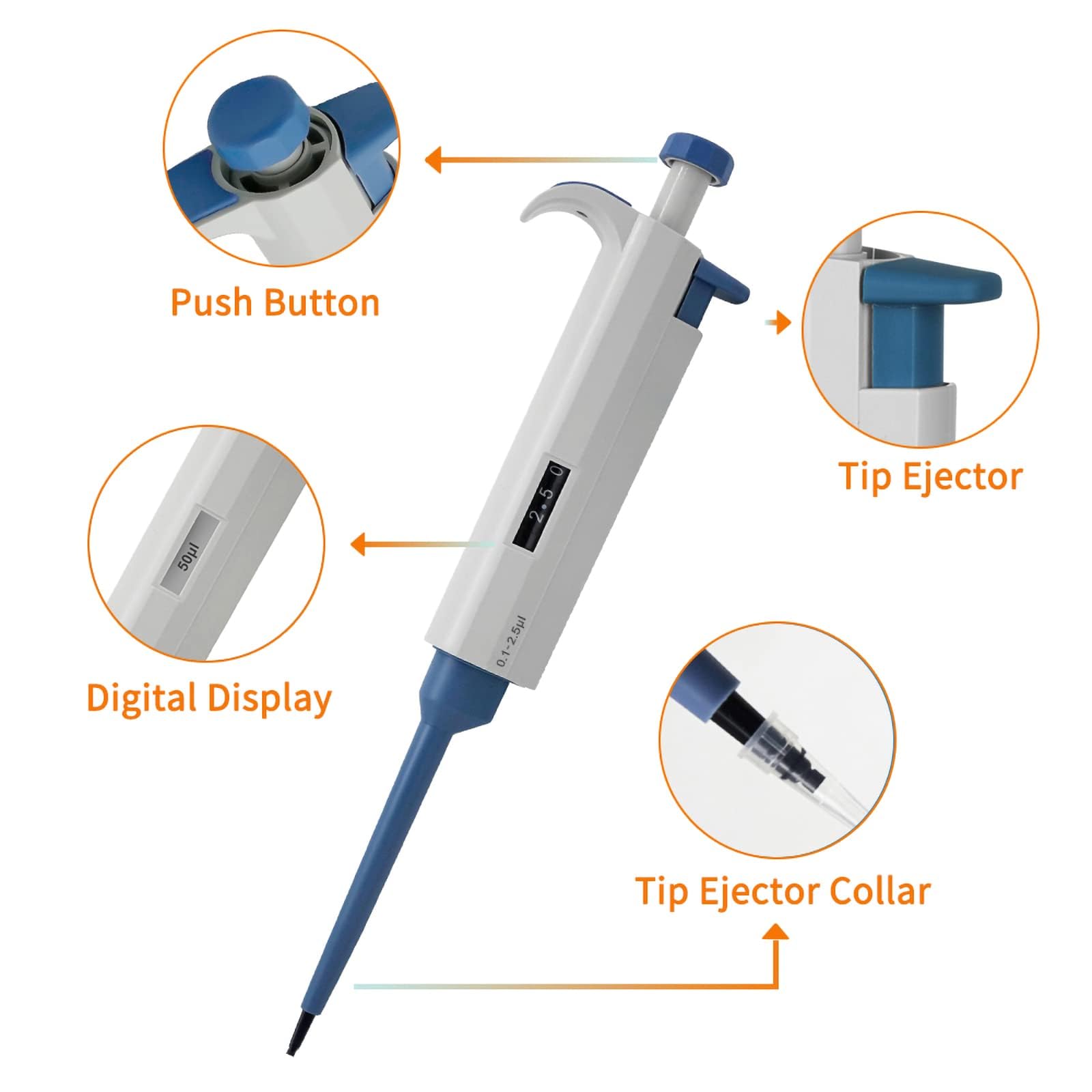 Pipeta de Laboratorio de un Solo Canal, Equipo de Laboratorio de micropipeta Digital Ajustable, micropipeta multicanal de Volumen Variable Ajustable de 0,1 μl ~ 10 ml,50-200ul