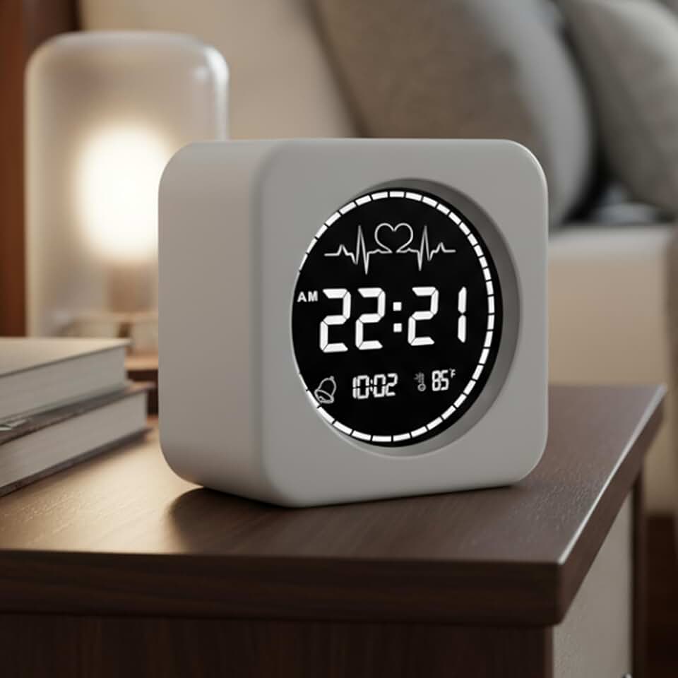 Despertador silencioso minimalista para viagens e uso no quarto – possui animação de batimento cardíaco, luz de fundo suave e regulável automática, função soneca do monitor de temperatura e controles