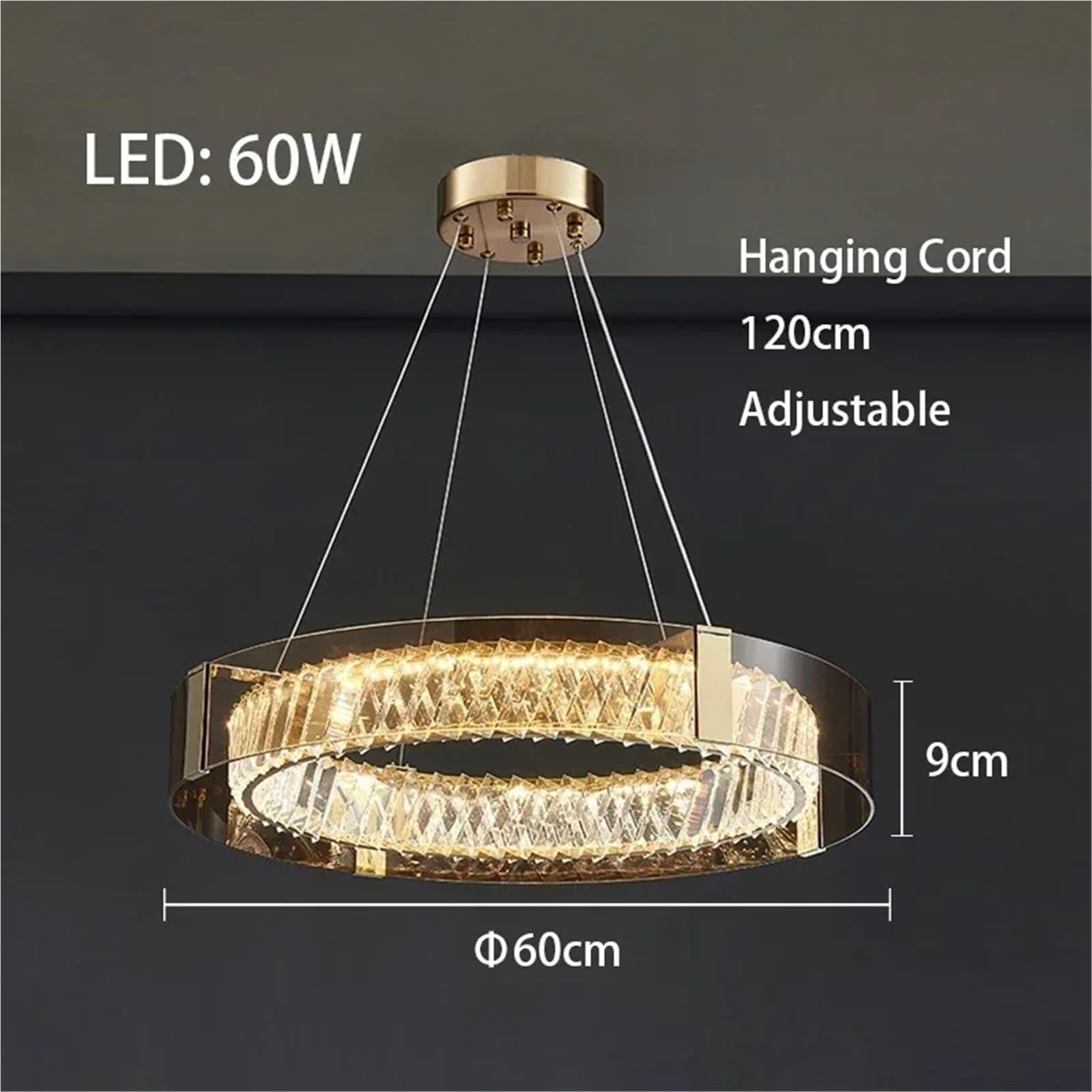 Modern Luxury Single Ring Crystal LED Pendant Chandelier Gold Frame Crystal Hanging Lighting Fixture for Living Room Dining Room