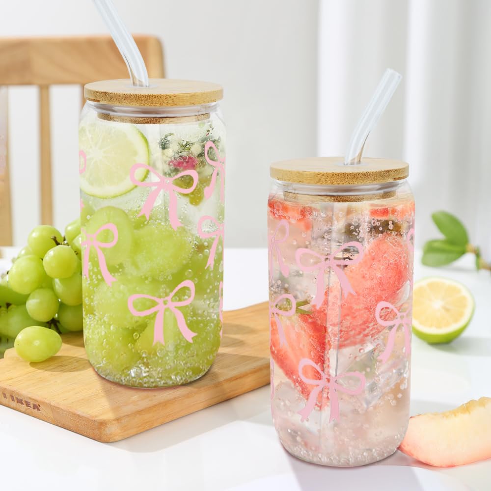 Bow Glasbecher 16 Oz Mit Deckel & Strohhalm – Elegantes Bogen-Design, Für Kaffee, Cocktails, Smoothies, Geschenk