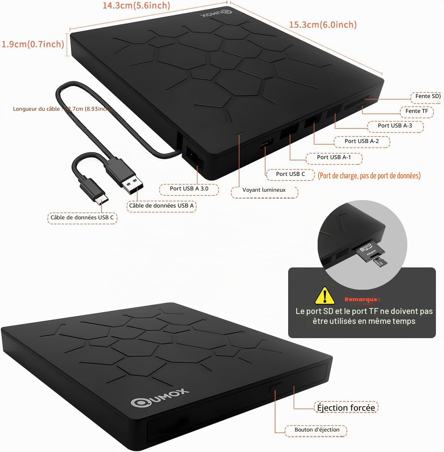 QUMOX Graveur externe DVD/CD USB 3.0, lecteur CD/DVD avec 4 ports USB et lecteur de carte TF/SD, compatible Windows/Mac/Linux
