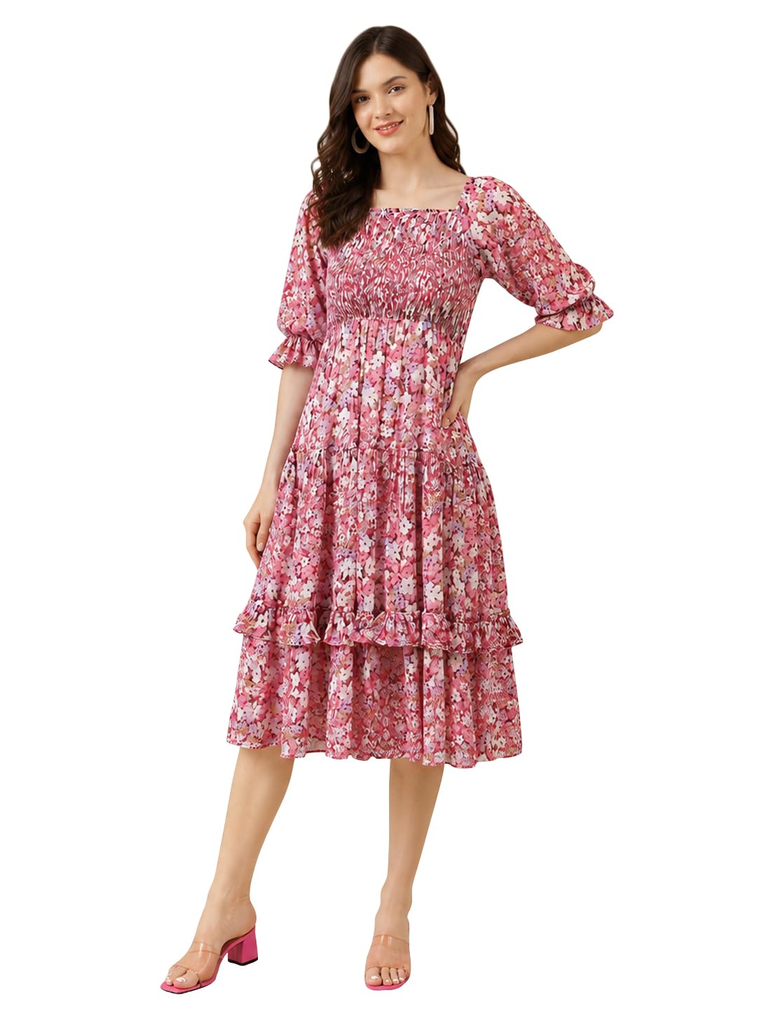 toochki Women's Dress | Pink Floral Print Smocked Midi Dresses | Square Neck | Puff Half Sleeves | Tiered A-Line Georgette Casual Summer Wear for Women-picture-12