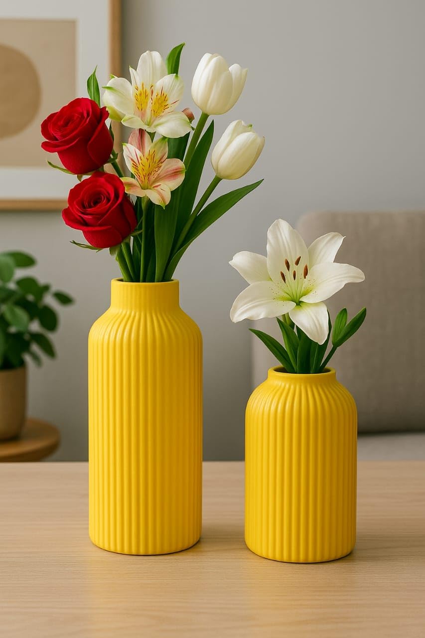 Decor with Sara Modern Design Yellow Color Round Ceramic Vase Small & Big Size Pipe Flower Vase for Home Office & Table Decor-6 Inch- 8 Inch (Pack of 2)-image-12