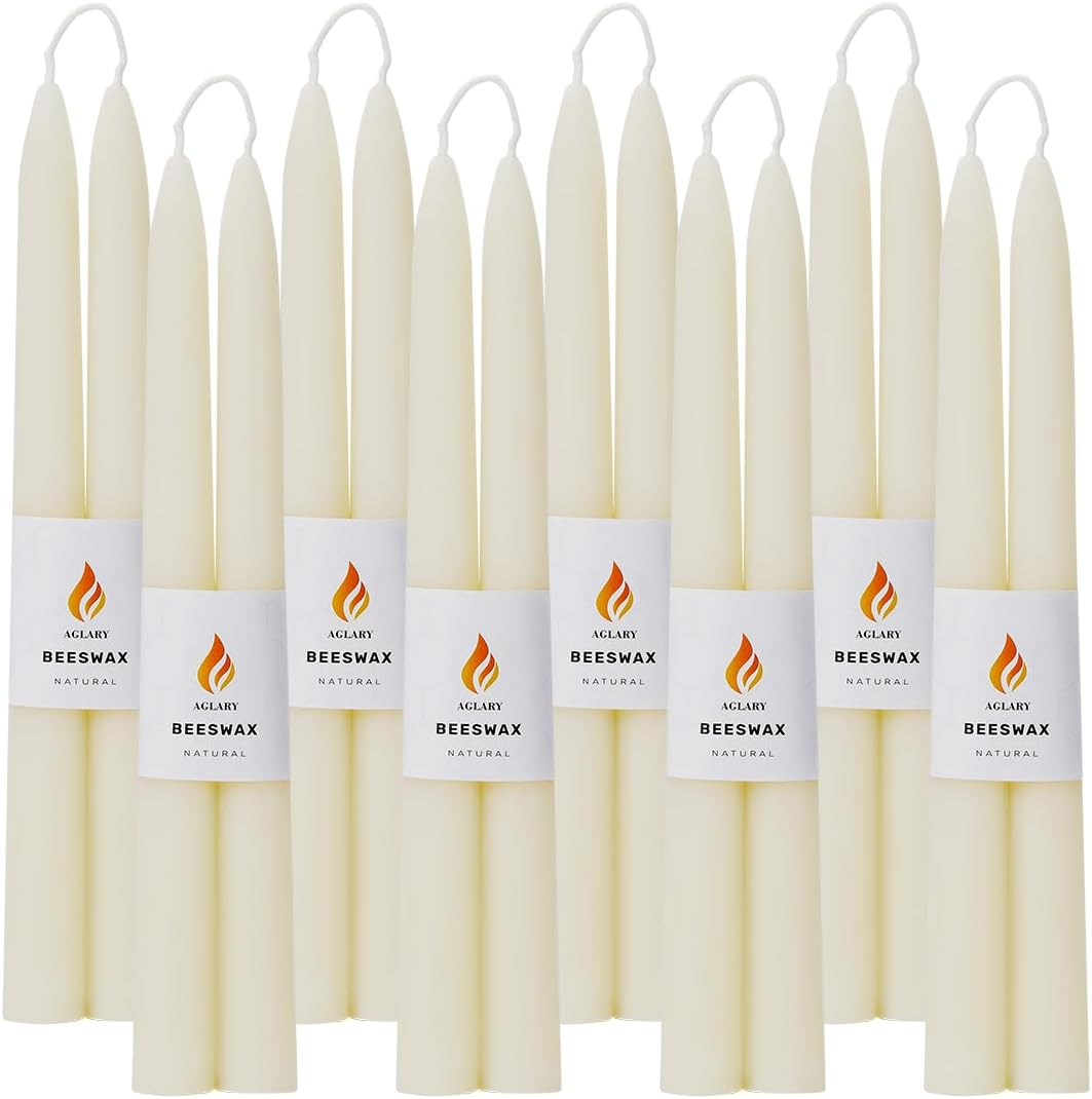 9-Inch Handmade White Beeswax Taper Candles, Dripless-Smokeless, 9-Hour Burn Time, 24-Pack
