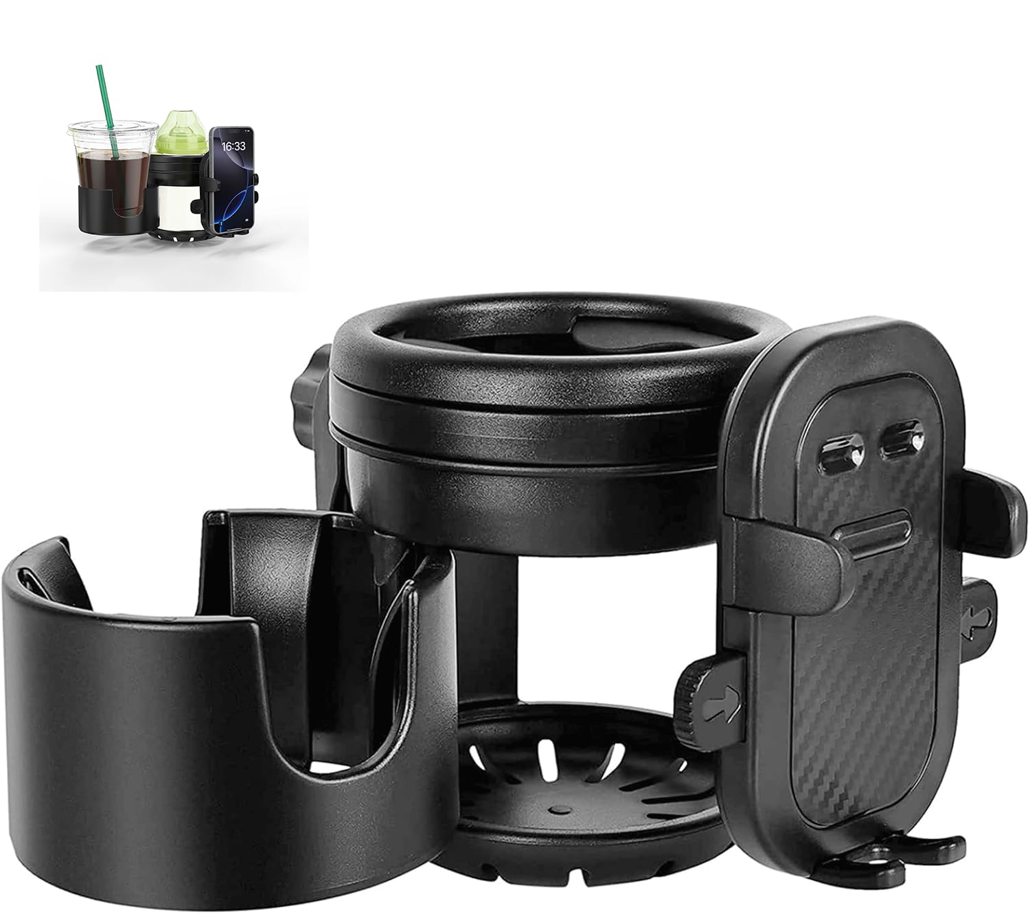 ZealSound 3-in-1 Kinderwagen Getränkehalter für 2 Becher, mit 360° drehbarem Handyhalter für Einhandbedienung, Universal Becherhalter für Kinderwagen, Rollstuhl, Fahrrad, E-Bike und Roller