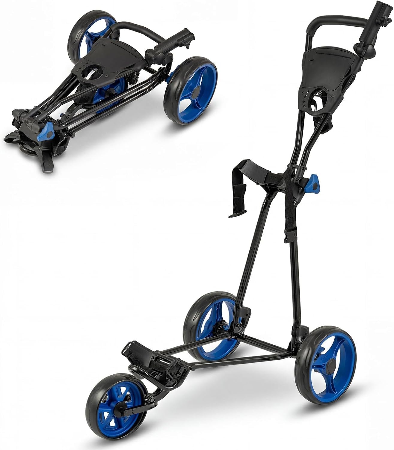 Faltbarer Golf Push Cart Leichter 3-Rad-Golfwagen mit Fußbremse, höhenverstellbarem Griff, Getränkehalter und Aufbewahrungstasche - Robusto y Kompakt