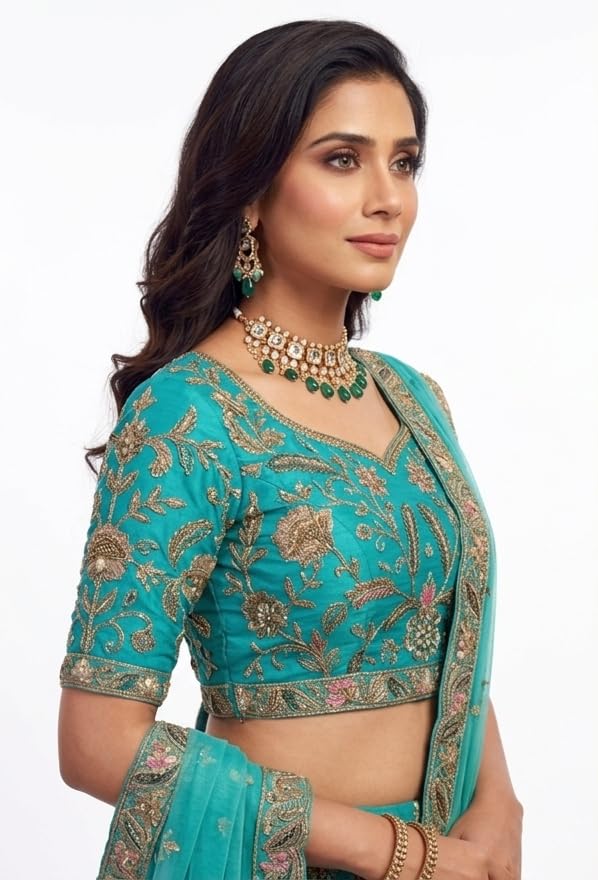 Image of Women's Firozi Georgette Embroidered Lehenga Choli with Dupatta, Heavy Floral Embroidery, Zari Work, Bridal Wear