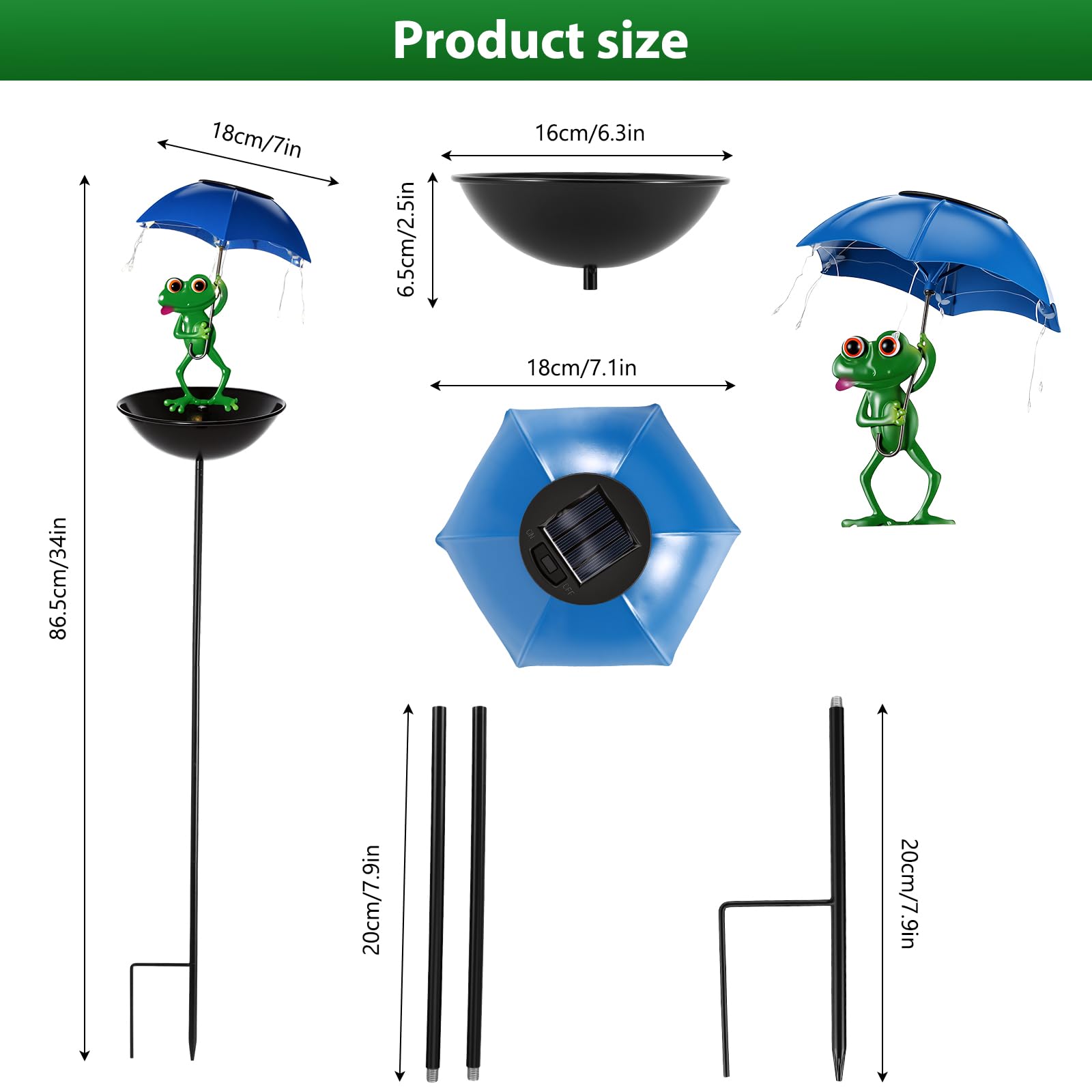 Mangiatoia a energia solare a forma di rana, per esterni, decorazione da giardino con ombrello, ciotola, mangiatoia decorativa per giardino, terrazza, prato, laghetto, cortile