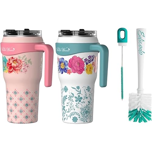 Pioneer Woman Steel Insulated Tumbler Bundle | Brilliant Blooms White, Fancy Flourish Pink | 40 oz Hot & Cold lids | with Bottle and Straw Brush, Teal | 4 Pieces Set
