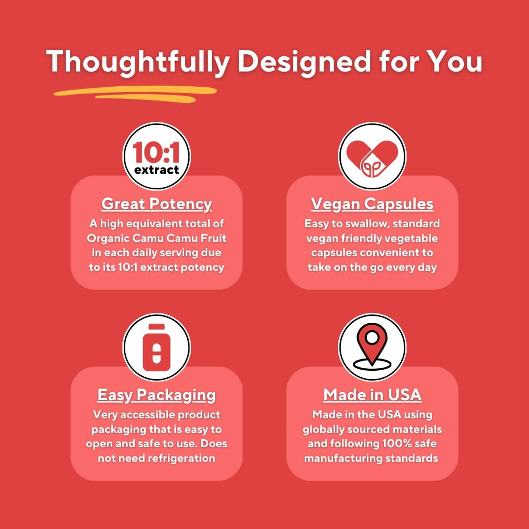 Vitapia Organic Camu Camu Extract 20% Vitamin C Capsules - Antioxidant, Collagen, Immune Health, Skin, Metabolism - 120 Veggie Capsules - Non GMO, Gluten Free, Vegan Friendly Supplement