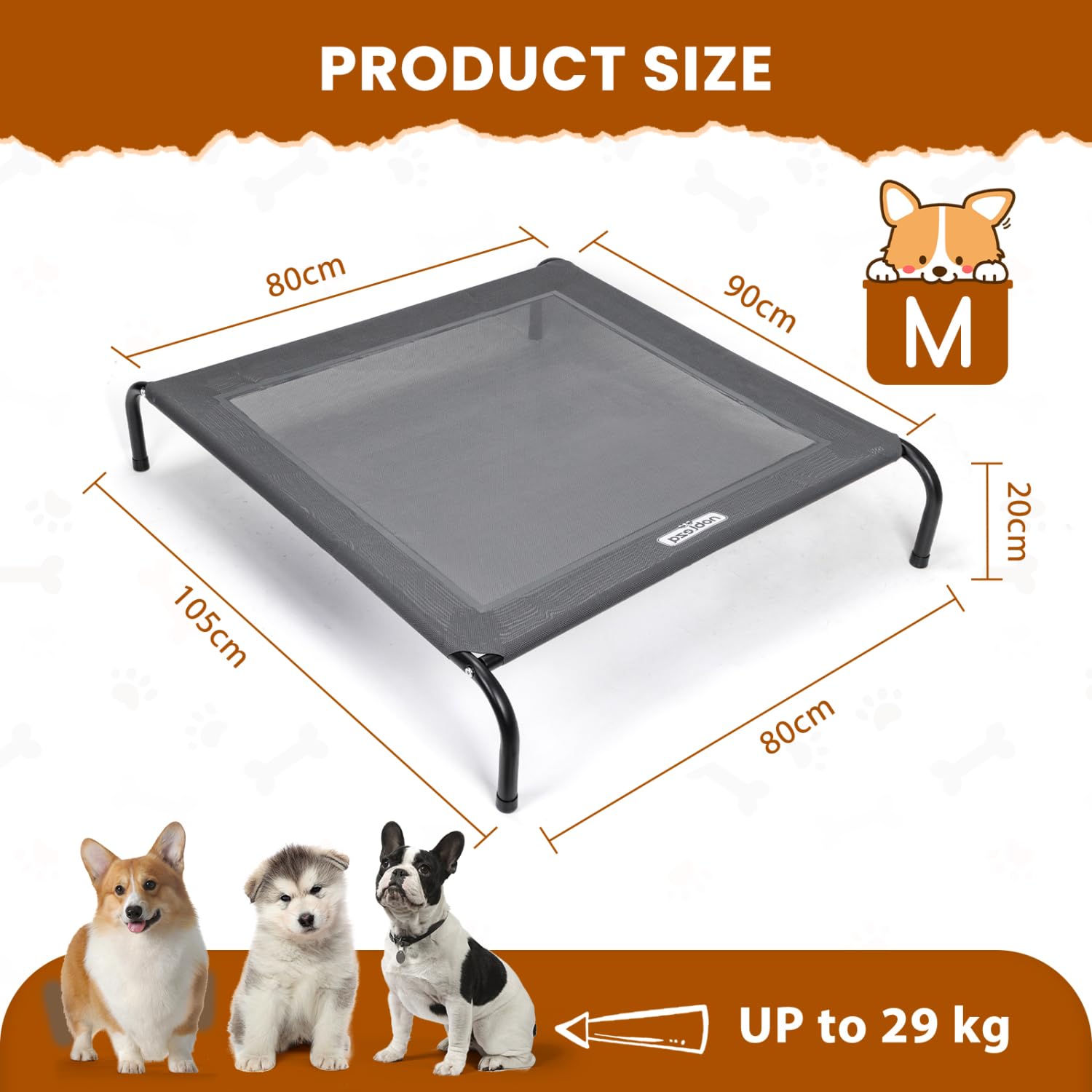 Nobleza Cama Elevada para Perro Mediano, Refrescante y Transpirable, para Exterior e Interior, Jardín y Terraza, Robusta y Lavable, Gris, M, 105x80x20CM