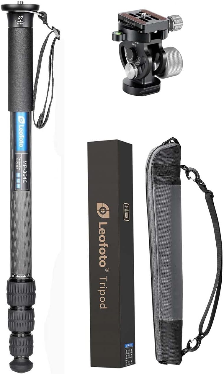 Leofoto MP-364C+VH-10S Monopod and Tilt Head Set, Carbon Fiber, VH-10S Monopod Head, 4 Leg Sections, Arca Compatible (MP-364C+VH-10S Set)