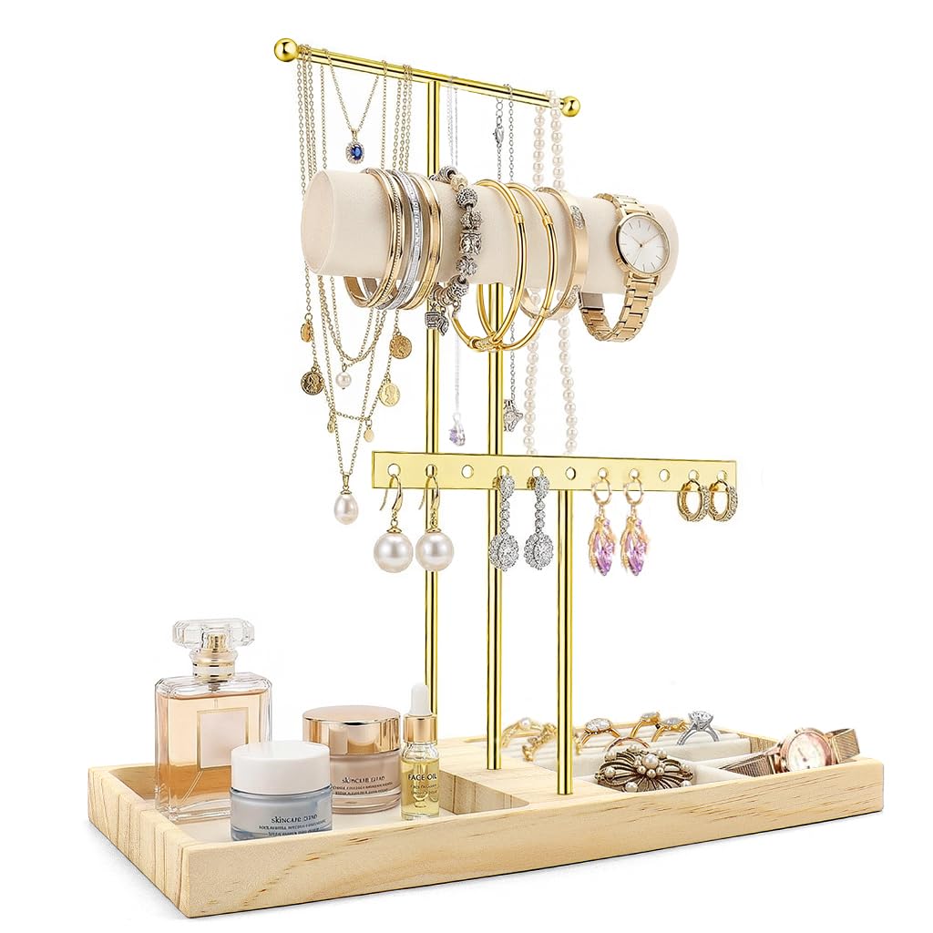 HUNGBAN 3 Tier Elegant Jewellery Stand,Jewellery Box,Necklace Holder,Multi-Functional Jewelry Organiser,Sturdy Display and Storage Solution for Bracelets,Rings and Watches,Compact Home Decor