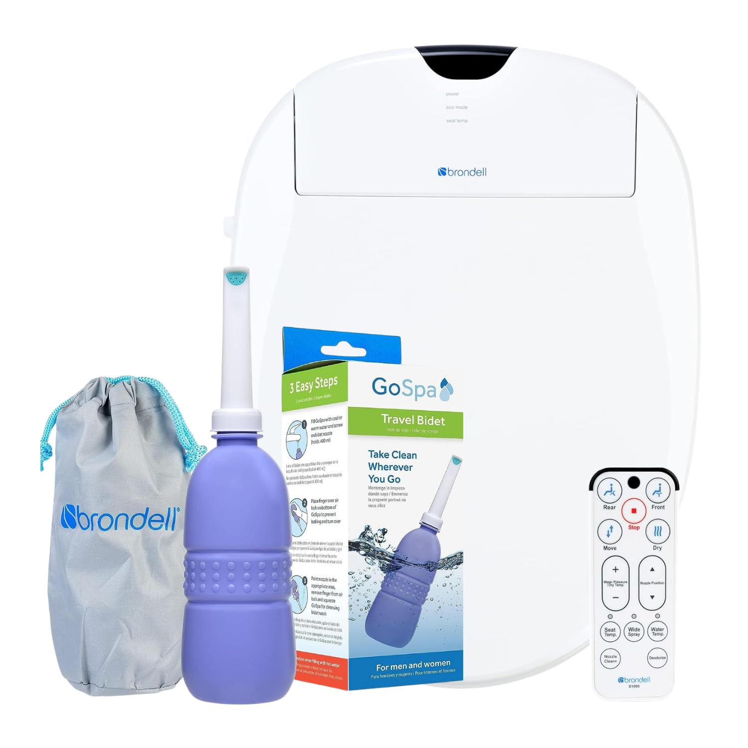 Brondell Electric Bidet Toilet Seat S1000-EW, Elongated, White, Wireless Remote + Portable Travel Bidet GoSpa GS-70 Bundle