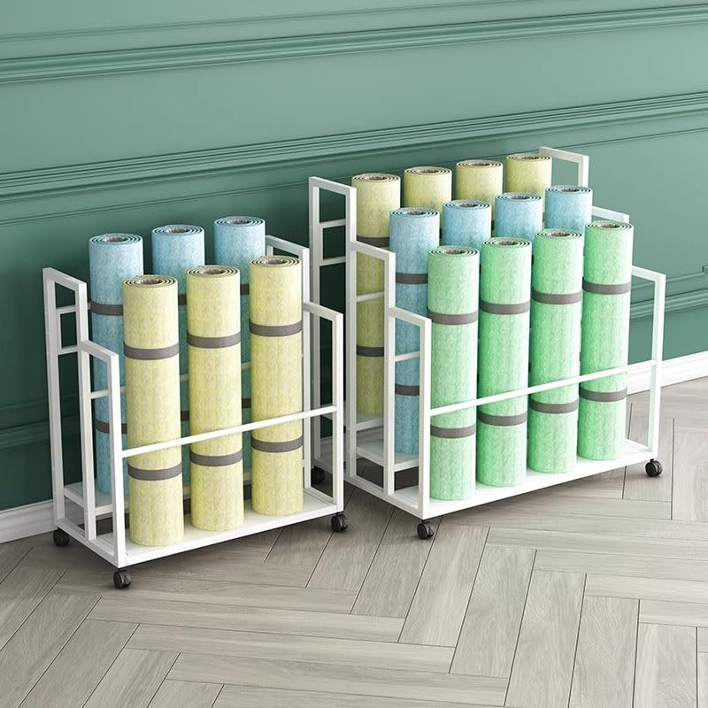 Supporto per Tappetino da Yoga con Ruote, Organizer Portatile per Attrezzi da Allenamento per Manubri, Kettlebell E Bande Elastiche, Soluzione Salvaspazio per L,White-120x43x80cm