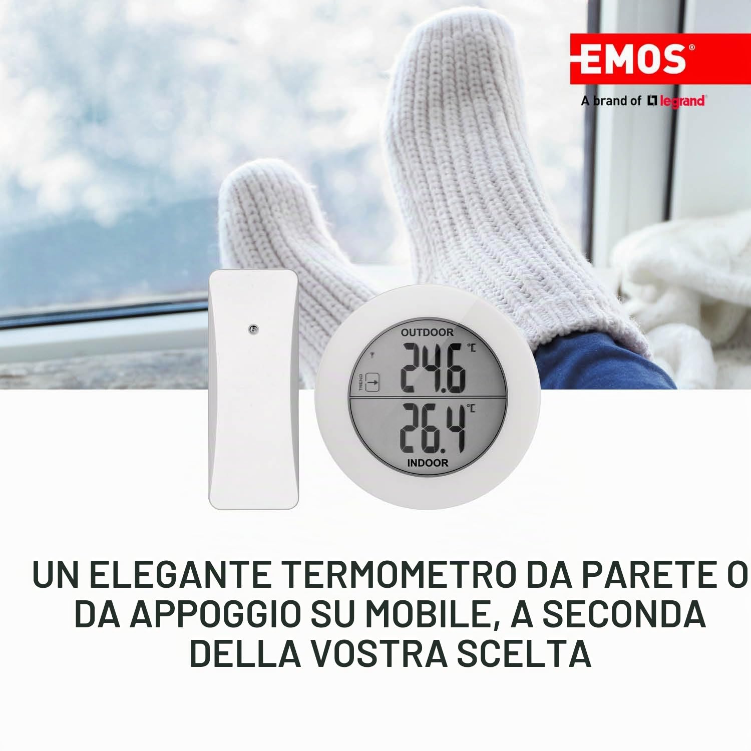 EMOS - Termometro digitale con sensore esterno - Sensore wireless, temperatura interna ed esterna, portata 80 m, funzione memoria - °C/°F - Supporto da tavolo/da parete - bianco