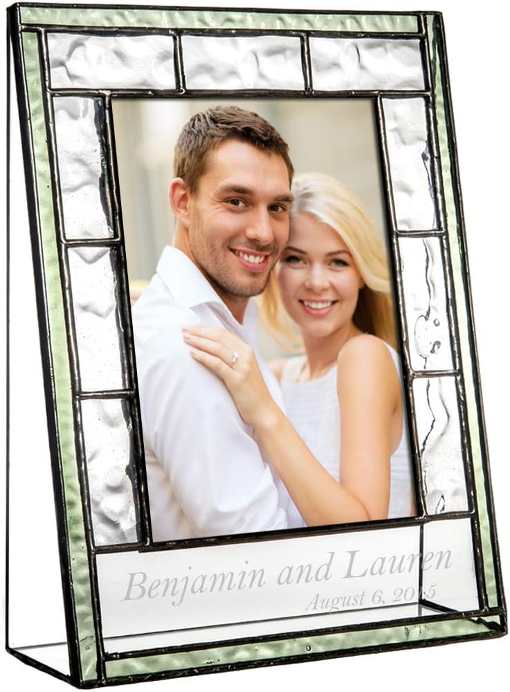 Wedding Engagement Picture Frame Personalized Gift for Couple Photo Engraved Green Stained Glass Keepsake Newlywed J Devlin Pic 389-57V EP545 (5x7 vertical)