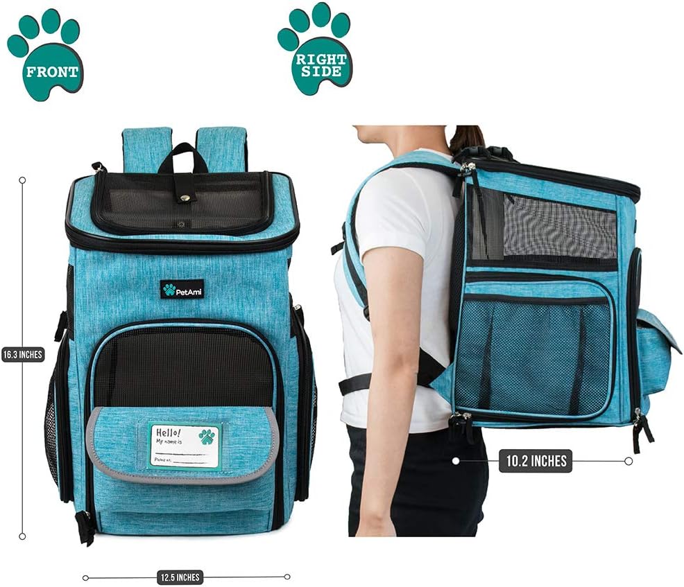 PetAmi Pet Carrier Backpack for Small Cats, Dogs, Puppies | Airline Approved | Ventilated, 4 Way Entry, Safety and Soft Cushion Back Support | Collapsible for Travel, Hiking, Outdoor (Turquoise) : Pet Supplies
