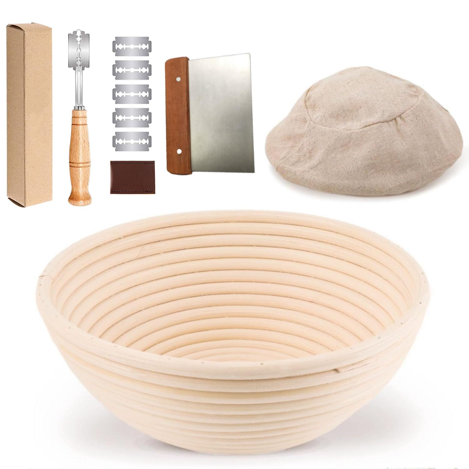 Bread Basket Set, 8.7-Inch Round-Mouth Fermentation Basket Including Cloth Cover, Yeast Bread Making Tool Set, Bread Cutter, Dough Cutter