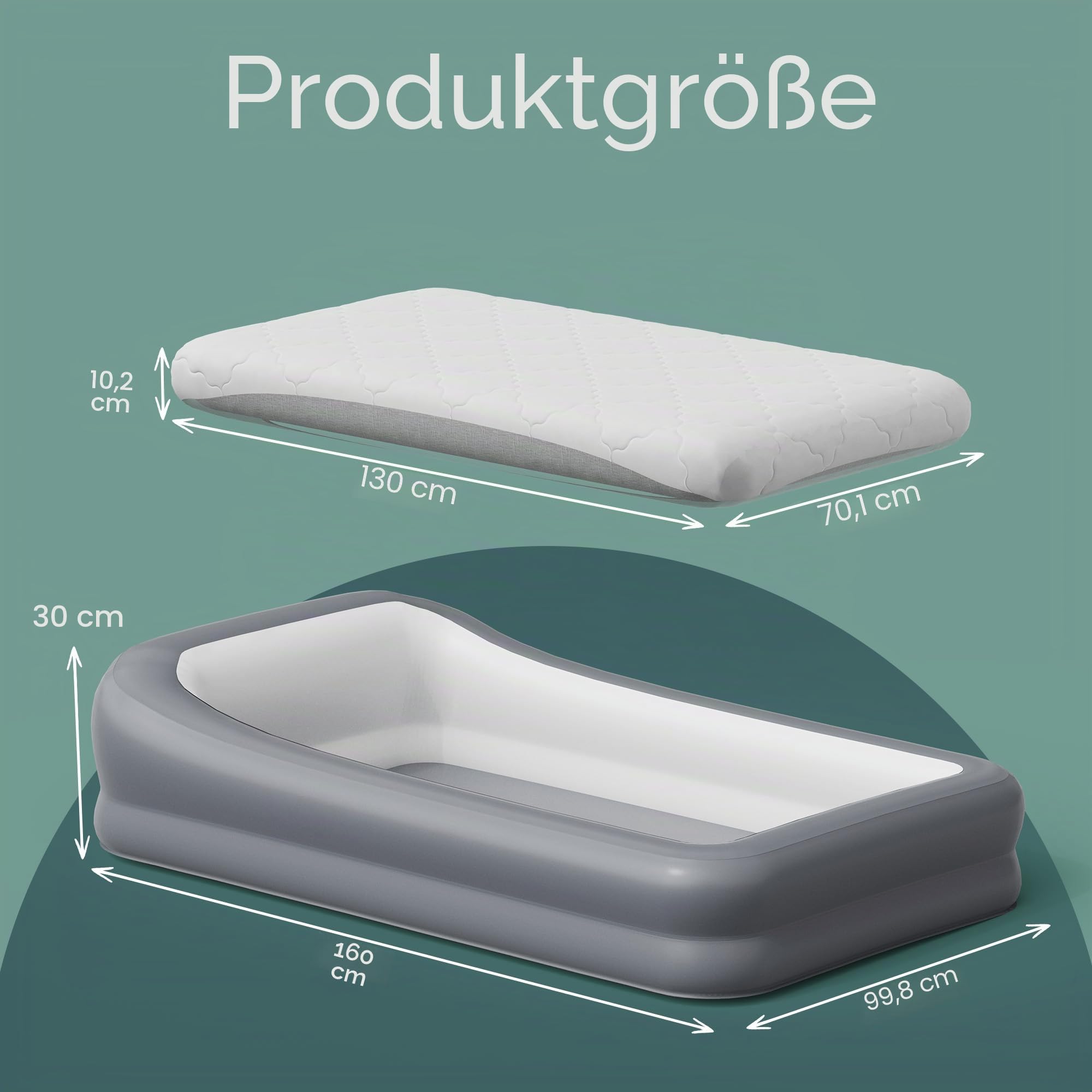 GloTika Aufblasbares Reisebett für Kleinkinder, tragbare Kinder-Luftmatratze mit Sicherheitsstoßstangen, ideal für Reisen, inklusive Pumpe und Tragetasche