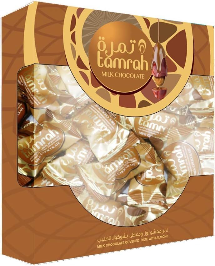 Tamrahh Milk Chocolate Window Box - 200g, Easy to Share, Premium Milk Chocolate-Coated Dates with Stuffed Almonds, Nutritious Snacks, Ideal for Gifting, Daily Treats, Kids' Favorite.