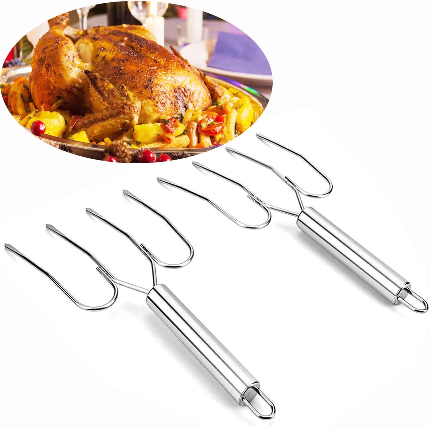 Thanksgiving Turkey & Roast Lifters, Stainless Steel Roaster Forks, Transfer Chicken or Ham Poultry Lifters Easily, Four Needle Meat Fork, Set of 2