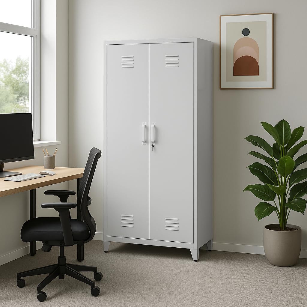 Brigros - Armadio In Metallo 2 Ante Con Serratura E 5 Ripiani Interni 85x45x190 Cm, Armadio Ufficio In Metallo Zincato Verniciato Per Garage, Ufficio, Archivio (Grigio)