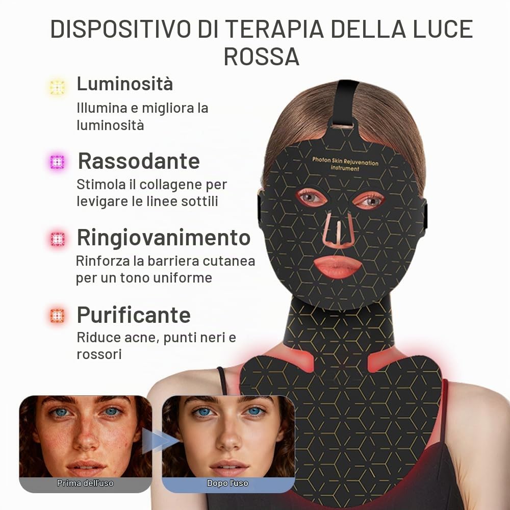 Maschera LED per Viso & Collo, 8 Colori LED Professionale Maschera Infrarossi Viso Antirughe,Timer regolabile Ricaricabile tramite USB