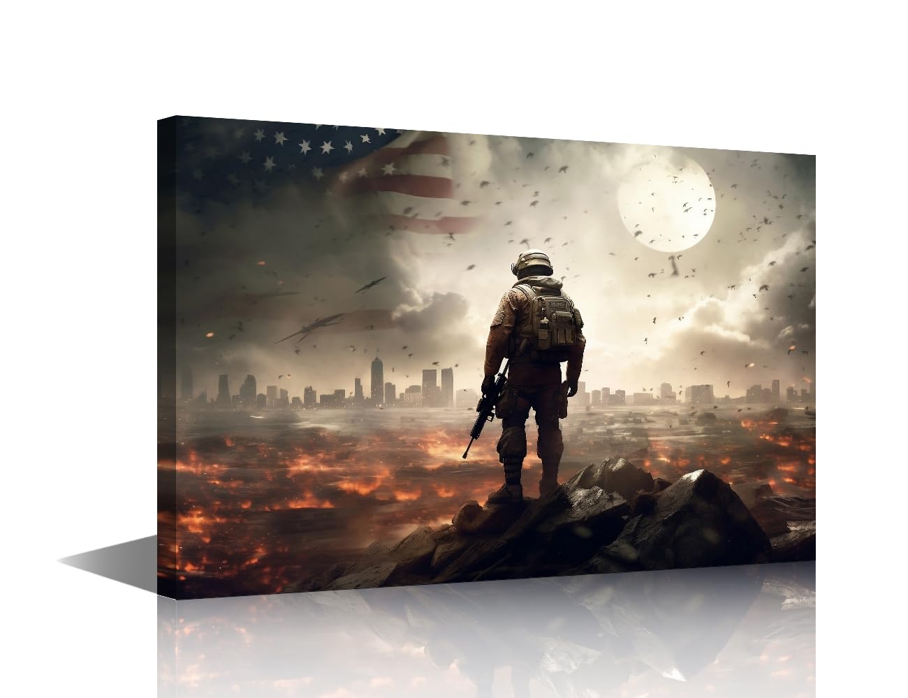 TISHIRON ‌Wall Art Freedom Horizon Panorama‌ Canvas Print Depicting Lone Figure Standing Before Waving Stars And Stripes Over Rolling Hills Patriotic Home Decor Artwork 24x16 in