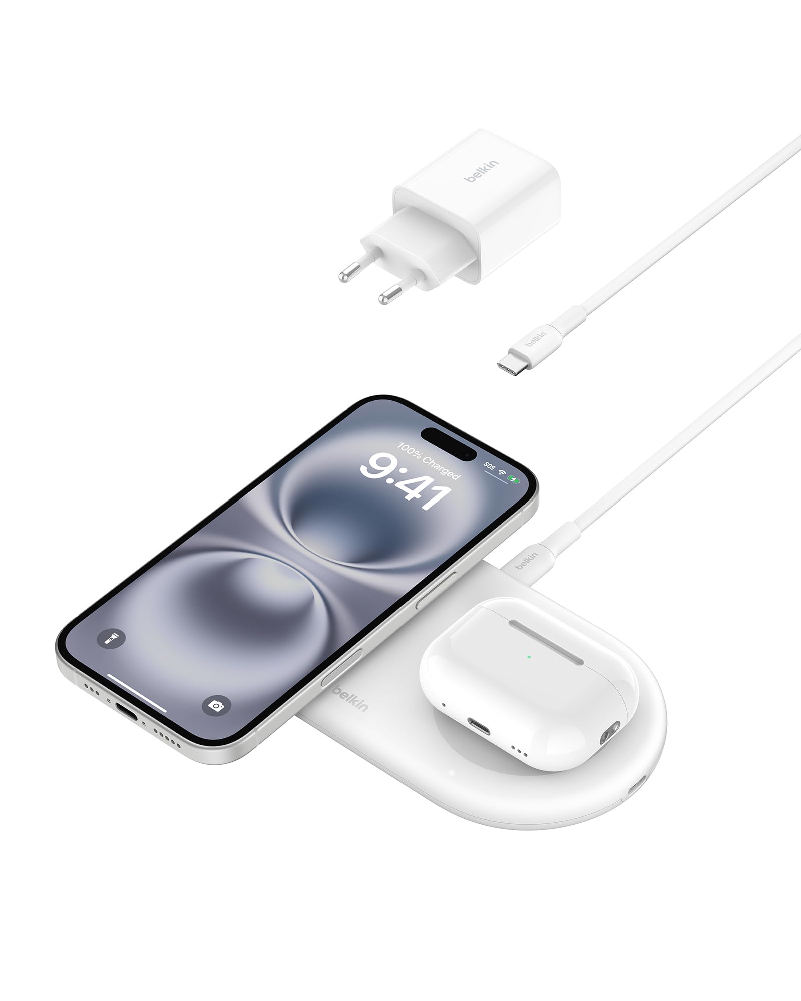 Belkin BoostCharge Pro kabellose 2-in-1-Ladestation mit magnetischem Qi2, 15W, Schnellladegerät, Wireless Charger für iPhone 17, Air, 16, Pixelsnap, AirPods und MagSafe-fähigen Geräten – Weiß