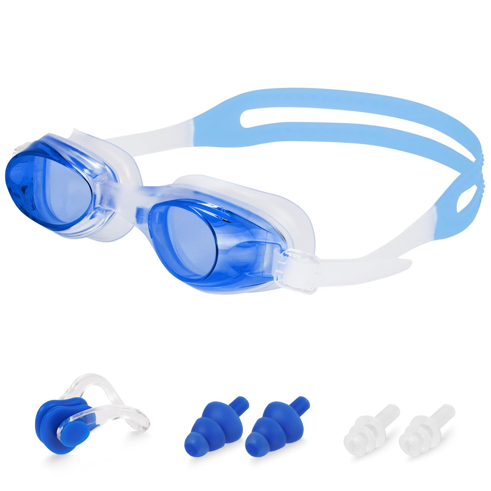 DiULi Kids Swim Goggles with Ear Plugs and Nose Clip, Anti-Fog UV Protection Swimming Goggles for Children, Silicone Seal, Waterproof, Ideal for Boys and Girls Swimming, Pool and Beach Use,Blue