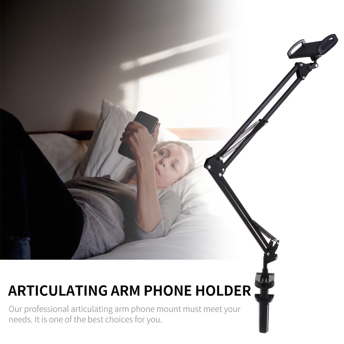 Supporto Telefono Braccio Articolato in Metallo Nero Porta Tablet e Smartphone da Scrivania e Girevole per Cucina Camera e Ufficio