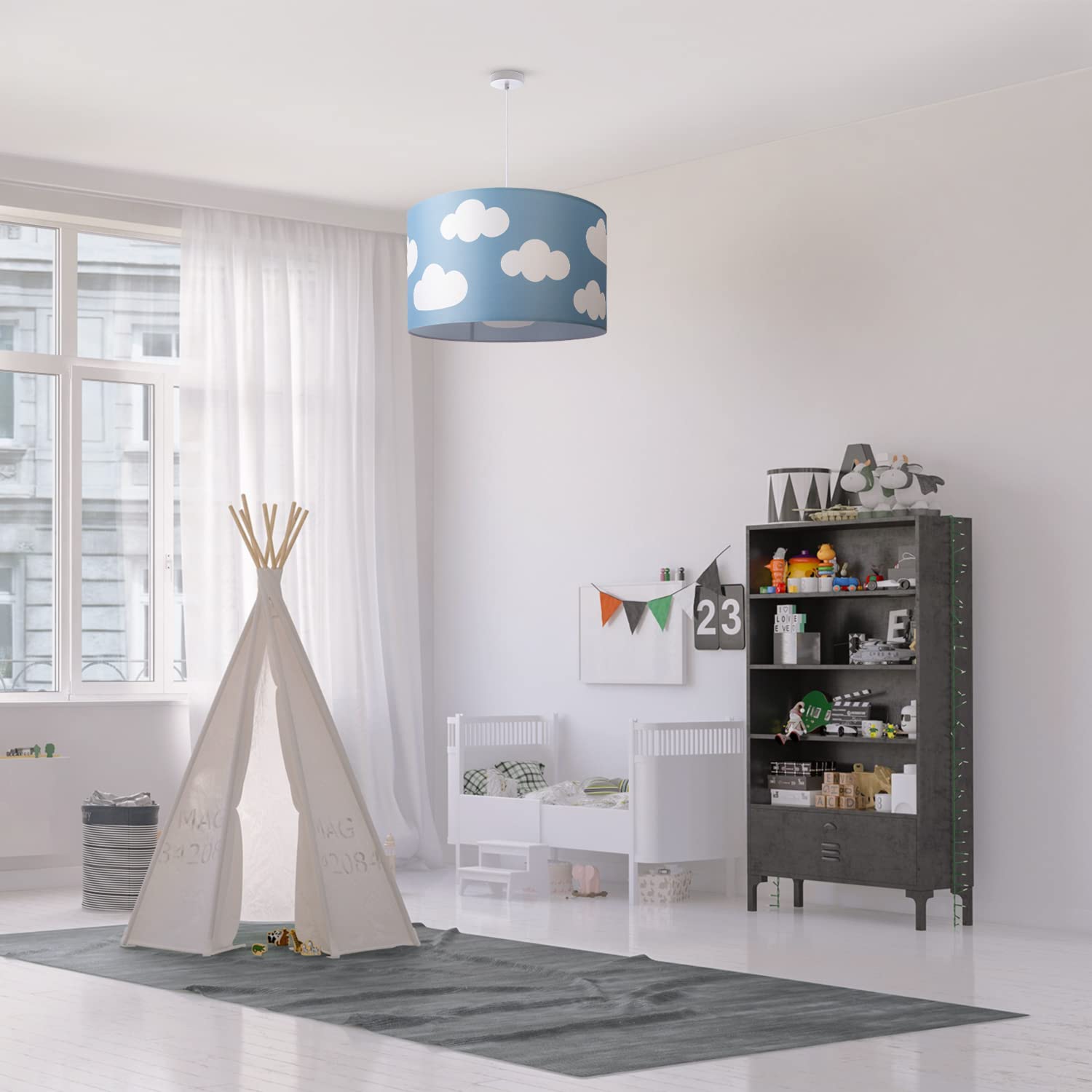 Paco Home Sospensione Cameretta Dei Bambini Baby Paralume Tessuto Rotonda Nuvole Cielo Stelle E27