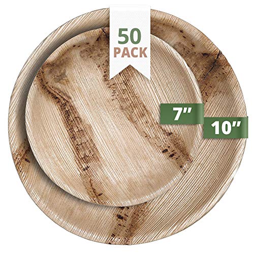 CaterEco Round Palm Leaf Plates Set | Pack of 50- (25) Dinner Plates and (25) Salad Plates | Ecofriendly Disposable Dinnerware | Heavy Duty Biodegradable Party Utensils for Wedding, Camping & More