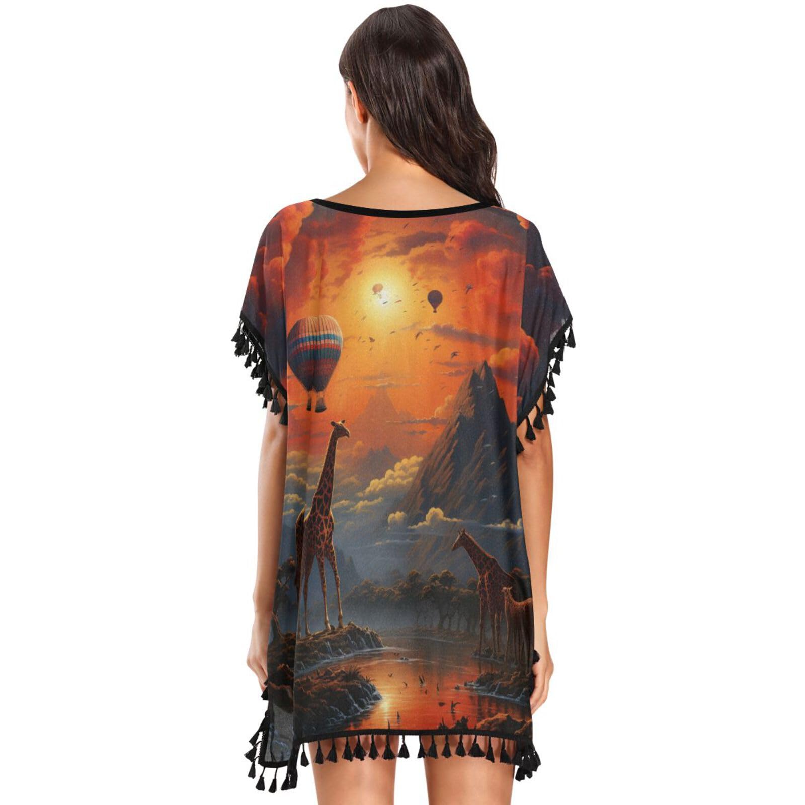 Oil Paintings Sunset Giraffe Women's Beach Cover Up Chiffon Tassel Swimwear Swimsuit Coverups for Girl