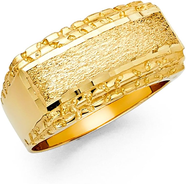 Solid 14k Yellow Gold Large Nugget Ring Band Diamond Cut Polished Sand Finish Fancy Men 12MM Size 8