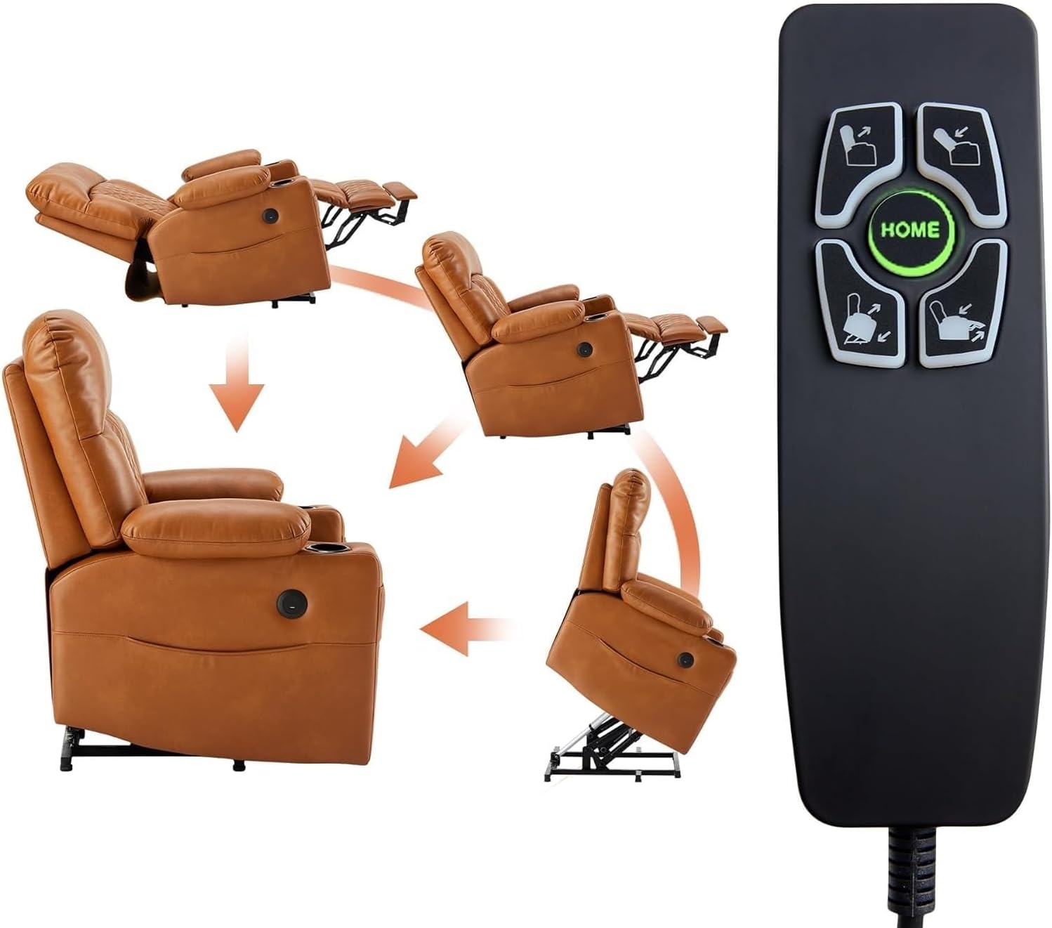 Recliner Sofa with Power Lift for Elderly, Oversized Seat, Genuine Leather Upholstery, Heat and Massage, USB Charge Port, Cup Holders, and Remote Control Included