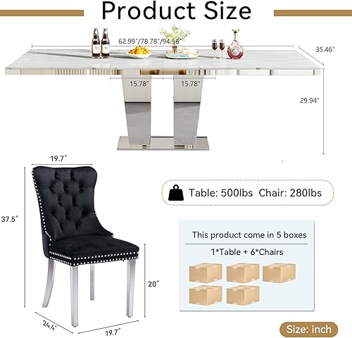 Miniatura 3 de SSLine Juego de mesas de comedor extensibles de 94.5 pulgadas para 6 personas, juego de mesa de comedor de 7 piezas, modernas mesas de cocina Blanco