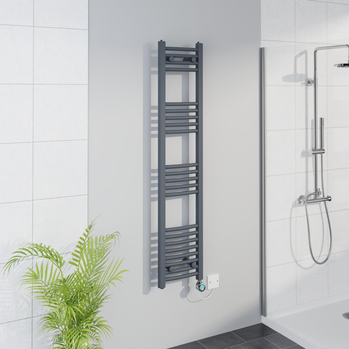 Warmehaus Grey WiFi Electric Curved Towel Rail 1400x300mm Element Chrome